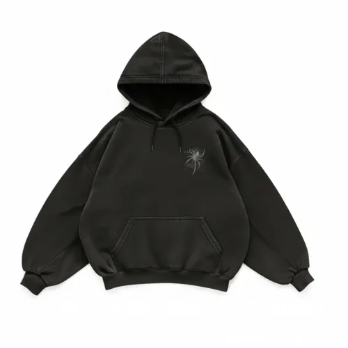 Venom Script Una sudadera de color negro con un dibujo de araña en la parte delantera superior derecha y un diseño de araña en la parte trasera.