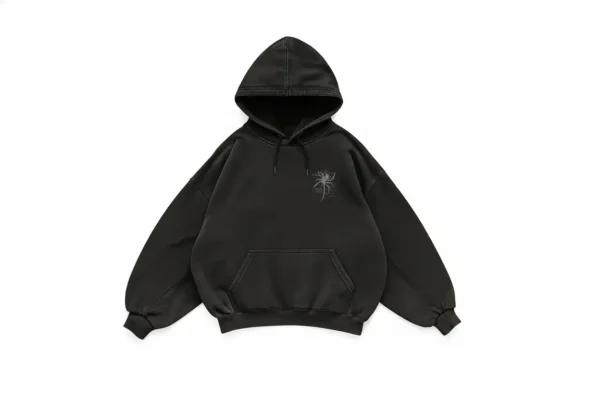 Una sudadera de color negro con un dibujo de araña en la parte delantera superior derecha y un diseño de araña en la parte trasera.
