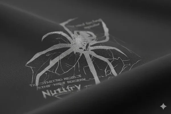 Dibujo de araña con letras en inglés parte delantera de la sudadera.