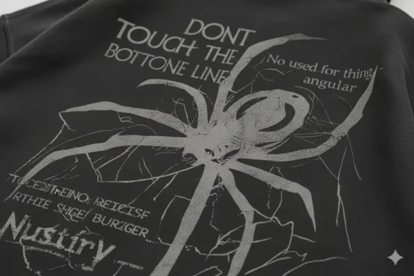 Dibujo de araña con letras en inglés parte trasera de la sudadera.