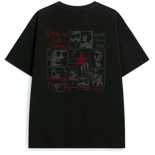 Red Star Camiseta negra streetwear con estampado gráfico rebelde y estrella roja central, ideal para looks urbanos con mensaje.