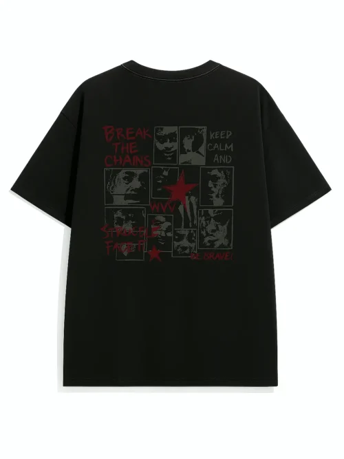 Camiseta negra streetwear con estampado gráfico rebelde y estrella roja central, ideal para looks urbanos con mensaje.
