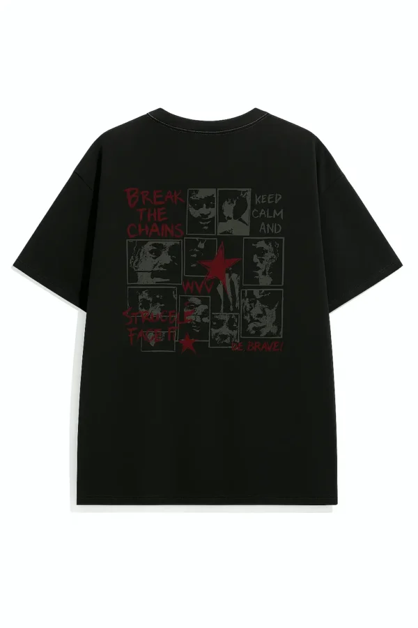 Red Star Camiseta negra streetwear con estampado gráfico rebelde y estrella roja central, ideal para looks urbanos con mensaje.