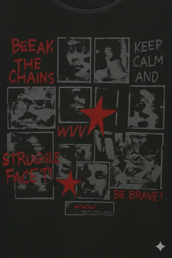 Red Star Camiseta negra streetwear con estampado gráfico rebelde y estrella roja central, ideal para looks urbanos con mensaje.