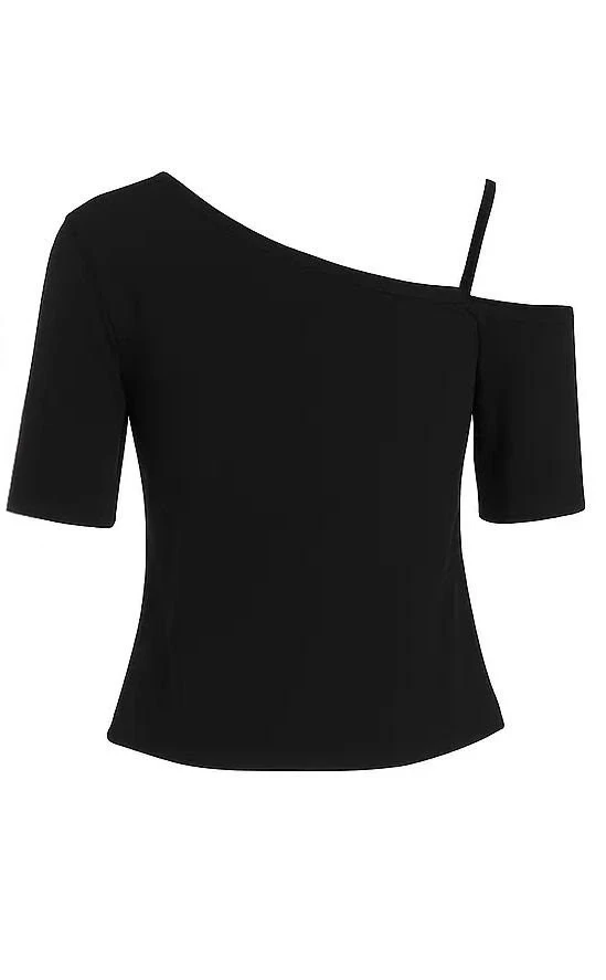 Spark Ticket Top negro asimétrico de mujer con estampado gráfico retro, estilo streetwear urbano y atrevido.