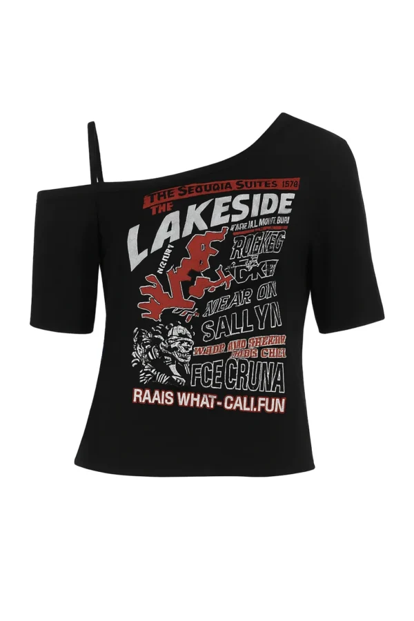 Spark Ticket Top negro asimétrico de mujer con estampado gráfico retro, estilo streetwear urbano y atrevido.