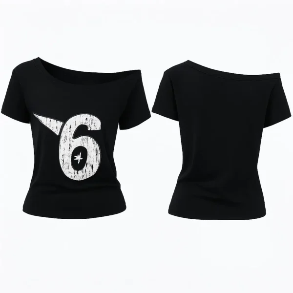 Route Six Top negro asimétrico de mujer Route Six con estampado gráfico del número 6, estilo streetwear urbano.