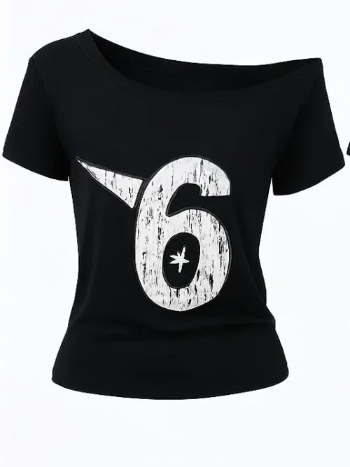 Top negro asimétrico de mujer Route Six con estampado gráfico del número 6, estilo streetwear urbano.