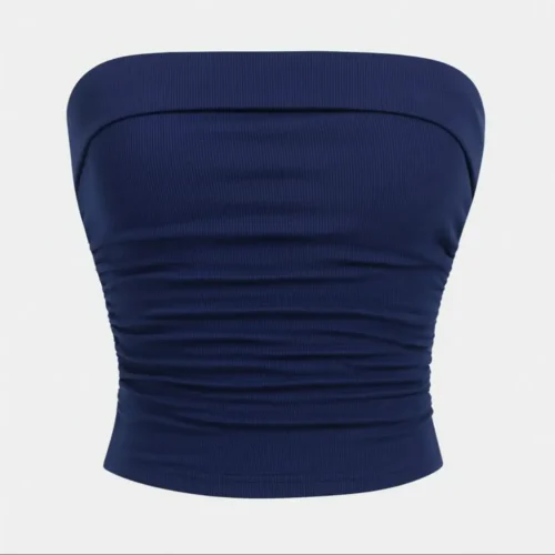 Blue Static Blue Static Top sin tirantes acanalado azul con fruncido, minimalista y versátil para looks urbanos y de verano.