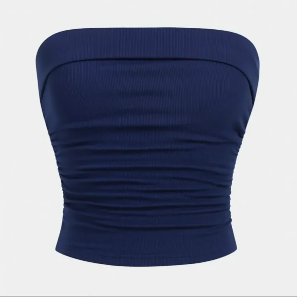 Blue Static Blue Static Top sin tirantes acanalado azul con fruncido, minimalista y versátil para looks urbanos y de verano.