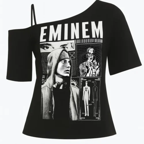 Por delante Top negro asimétrico Detroit Noir con estampado gráfico de Eminem, estilo streetwear urbano retro.