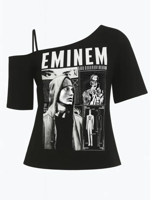 Top negro asimétrico Detroit Noir con estampado gráfico de Eminem, estilo streetwear urbano retro.