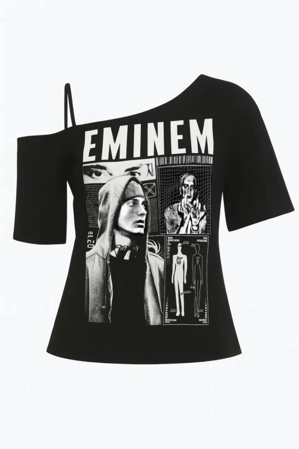 Por delante Top negro asimétrico Detroit Noir con estampado gráfico de Eminem, estilo streetwear urbano retro.