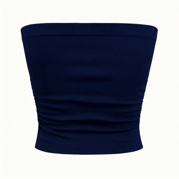 Blue Static Blue Static Top sin tirantes acanalado azul con fruncido, minimalista y versátil para looks urbanos y de verano.