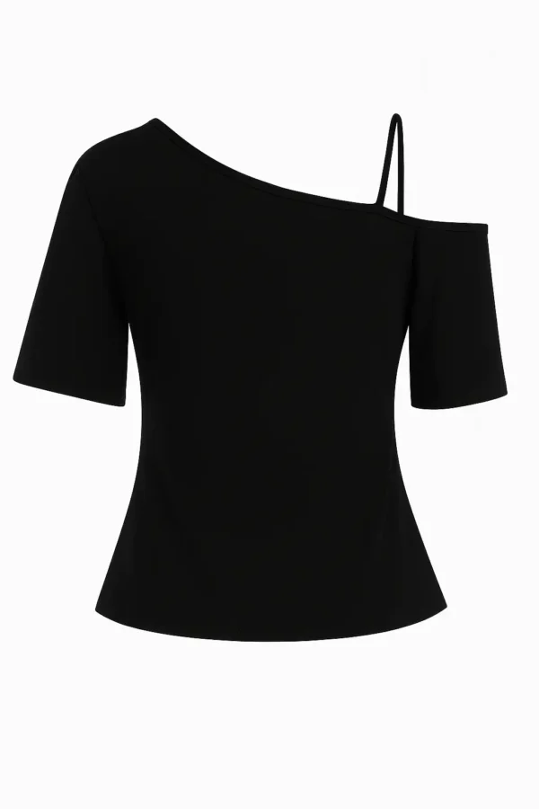 Detroit Noir Camisa negra ajustada por la parte trasera. Color negro, un brazo con manga corta y otro con tirante y la manga corta cae de hombro hacia abajo.